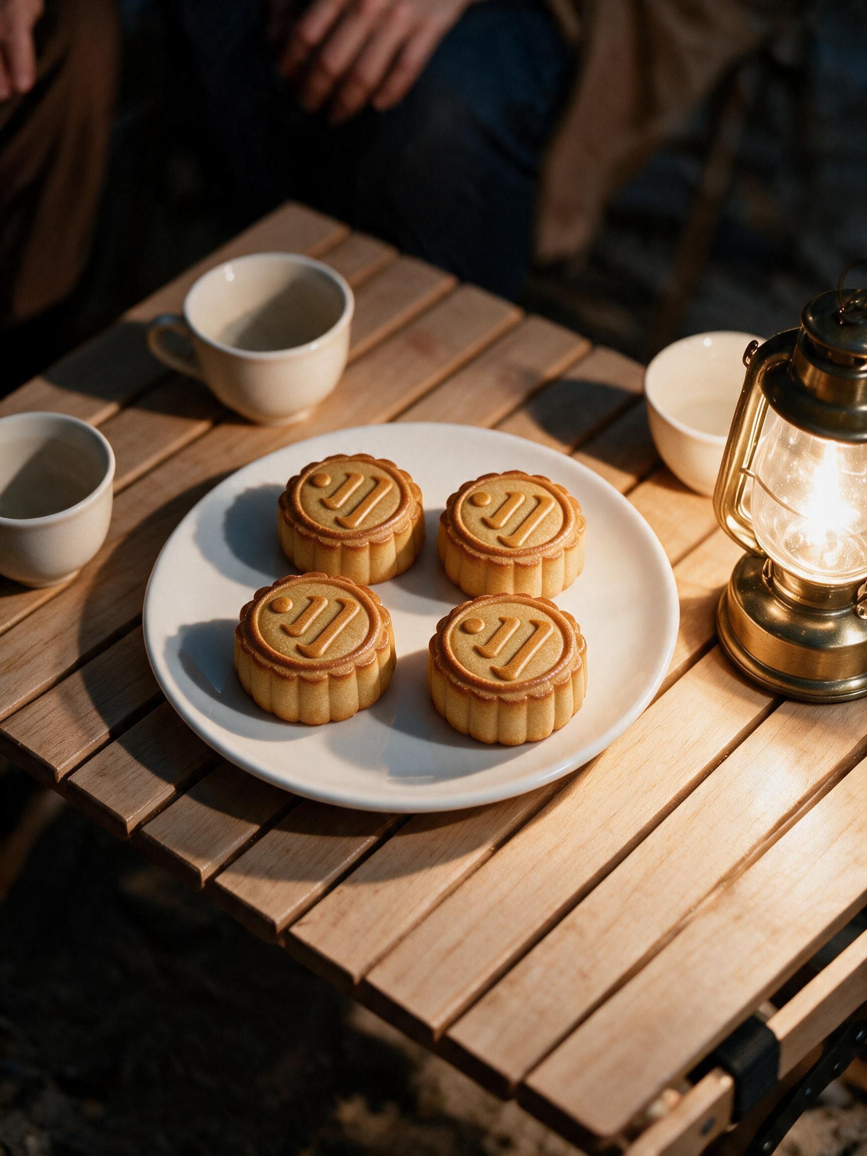 Four mooncakes and a teacup in a warmly lit Mid-Autumn scene