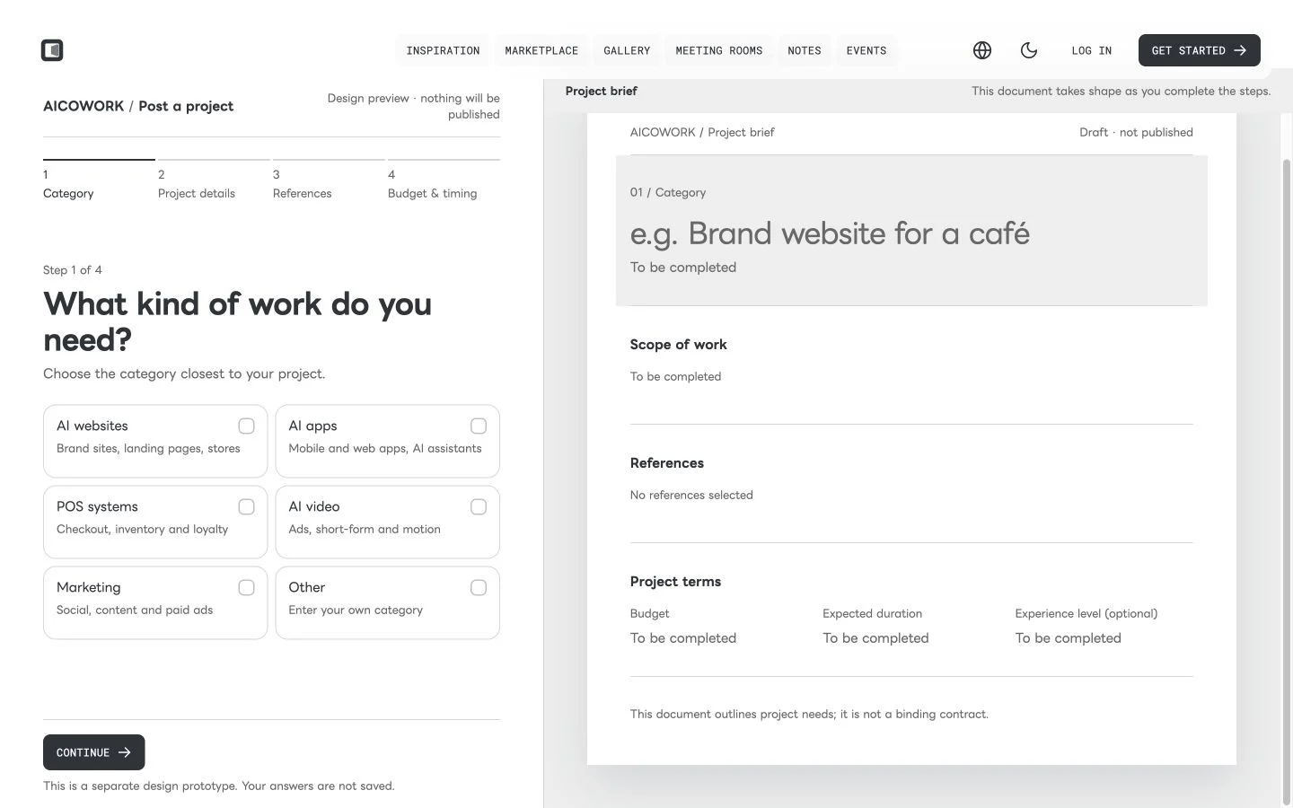 Aicowork project brief interface