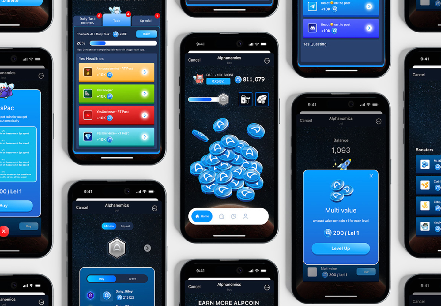 Alphanomics mobile interface studies with balances, charts, cards and product illustrations