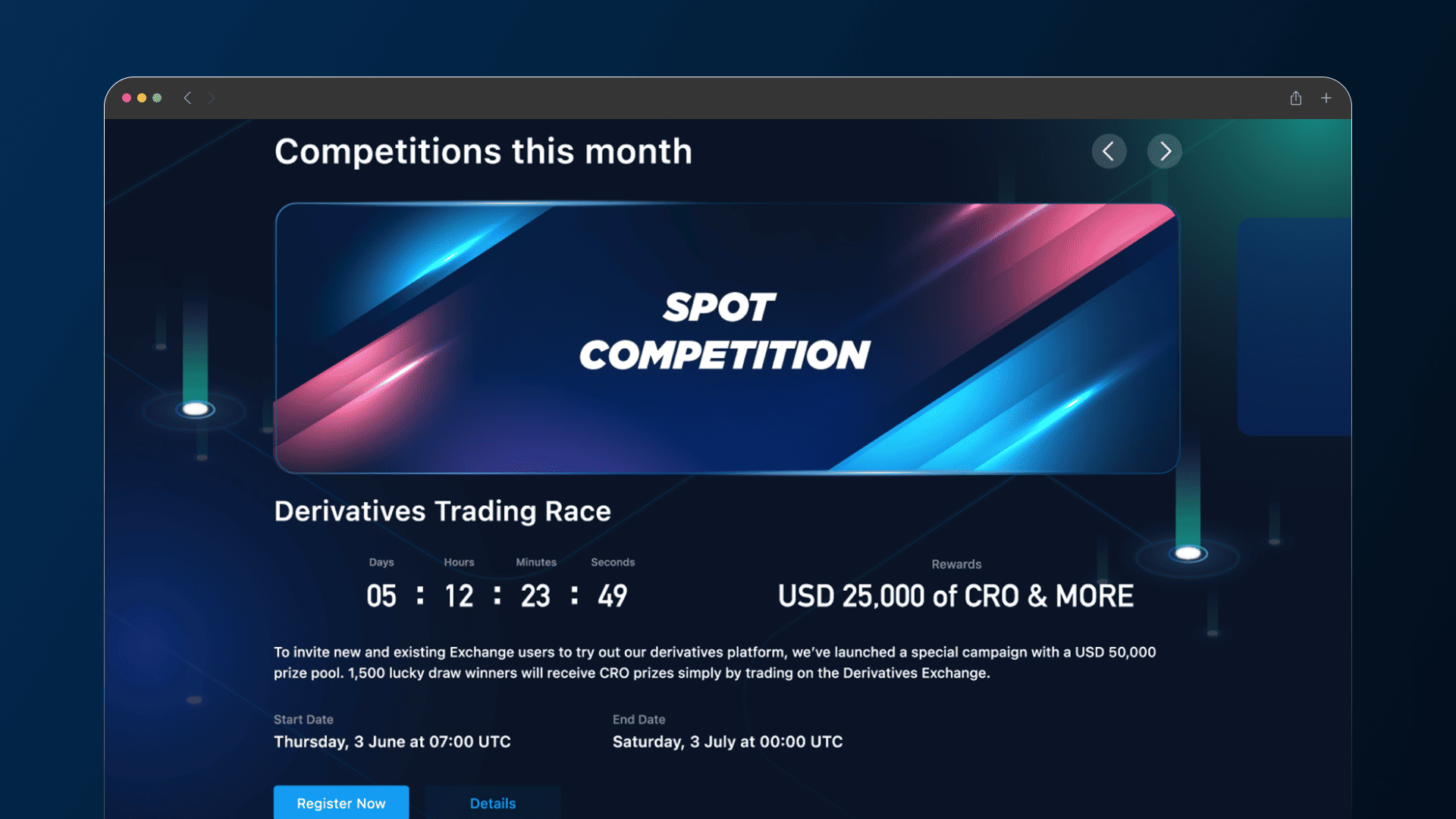 Crypto.com Spot Competition page with campaign headline, countdown, participation details and registration