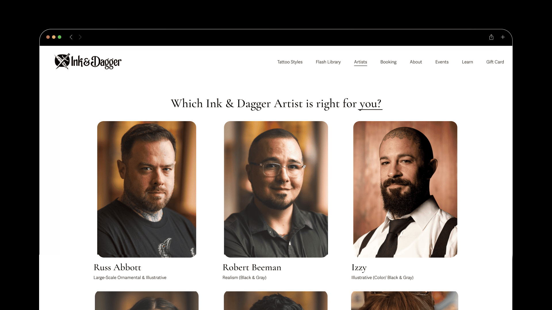 Ink and Dagger artist selection page with three artist portraits and profile descriptions
