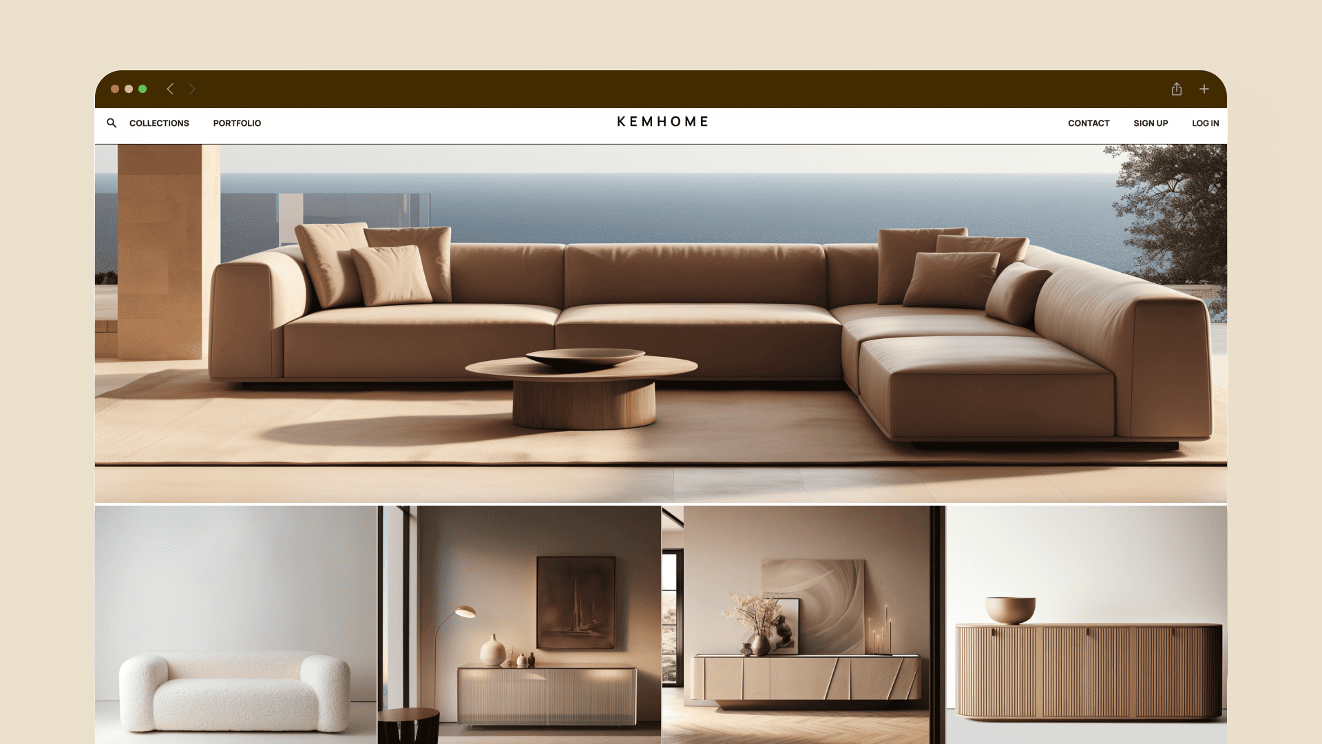 KEMHOME collection page with a sofa in a warm interior and a row of furniture imagery