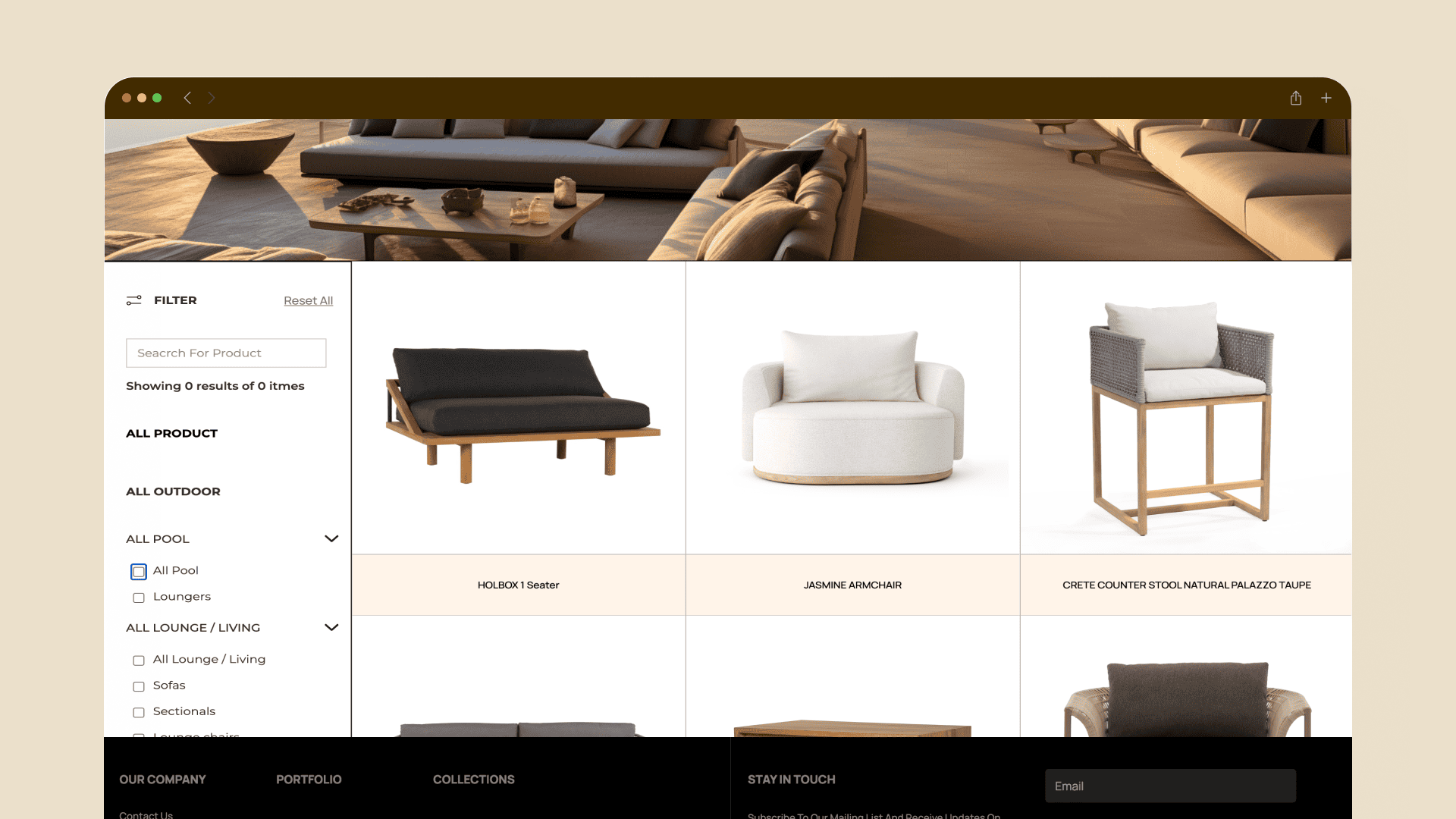KEMHOME furniture catalogue with filter categories beside lounge chair product cards