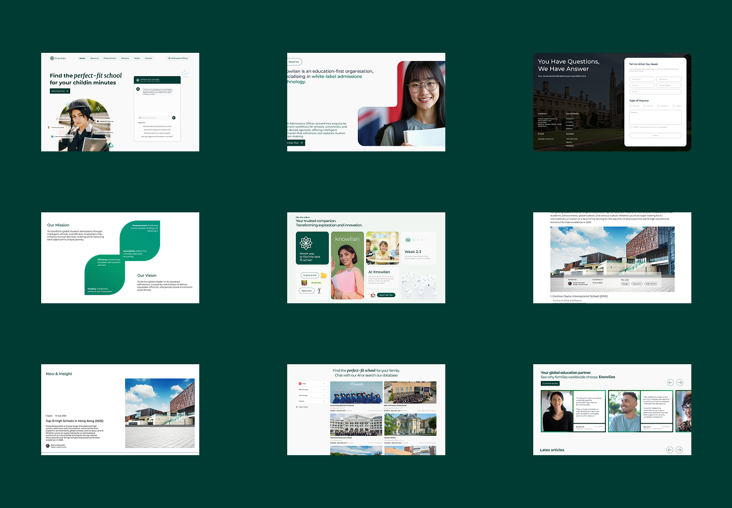 Knowlian website studies showing education content, partner information, imagery and contact forms