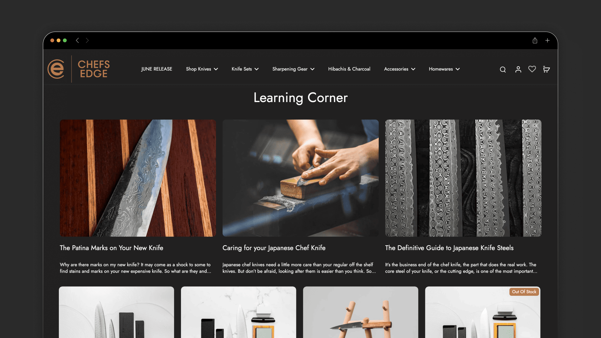 Chef’s Edge Learning Corner showing knife making, care and steel guide articles
