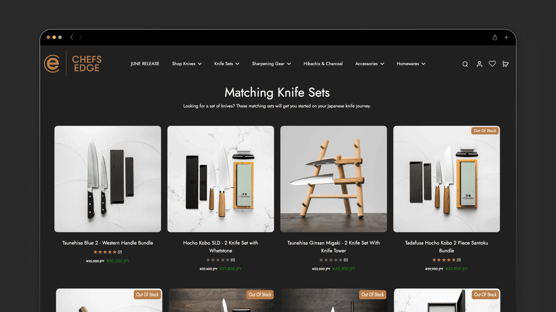 Chef’s Edge matching knife sets catalogue with product cards, descriptions and shopping actions