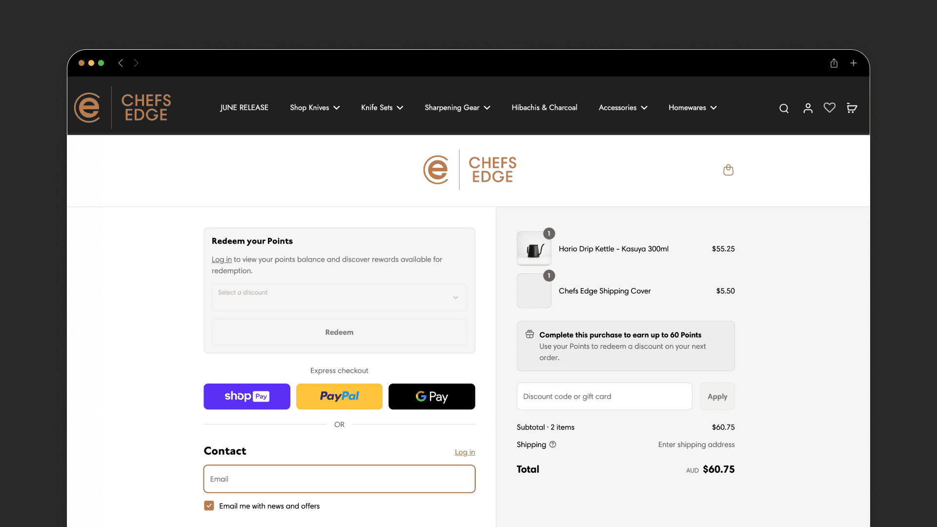 Chef’s Edge checkout with express payment options, contact fields and order summary