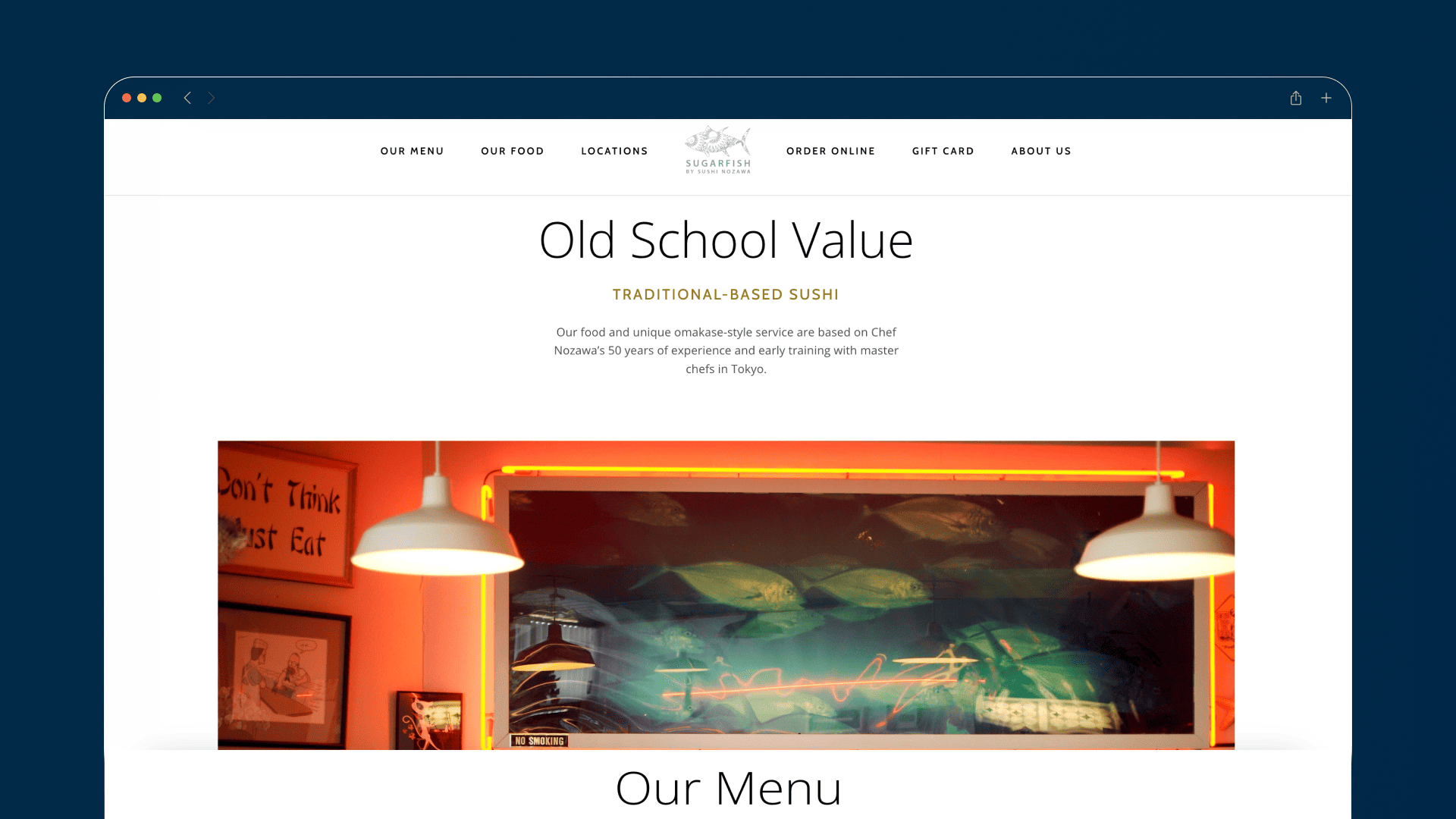 SUGARFISH Old School Value page with restaurant interior photograph and menu introduction