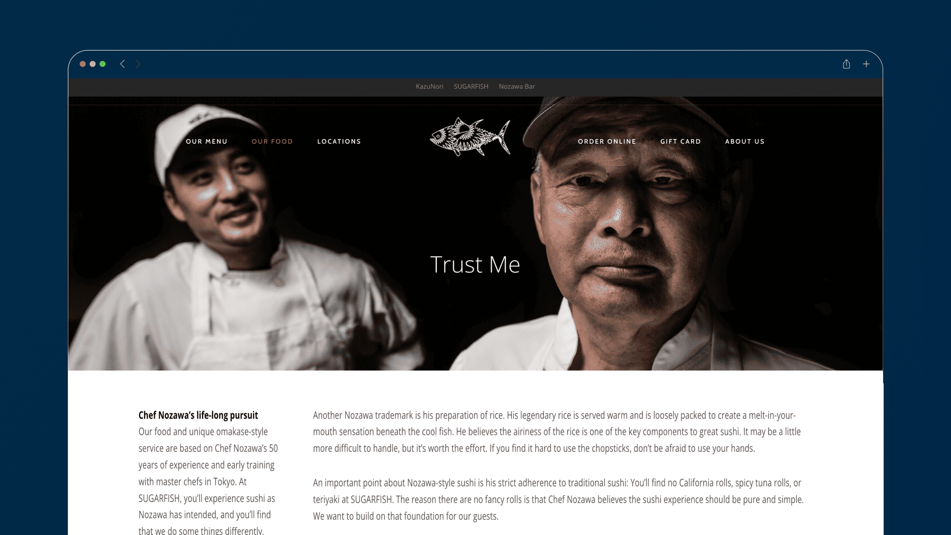SUGARFISH founders page with portrait photography, Trust Me heading and explanatory copy