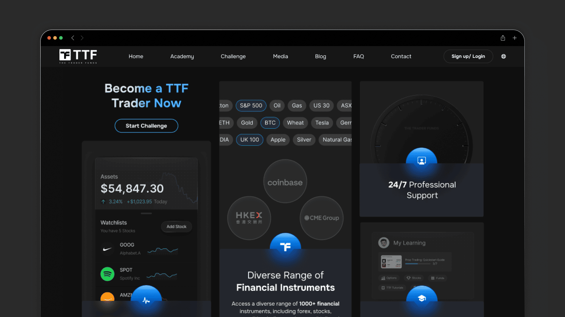 The Trader Funds product overview with panels for account information, instruments and professional support