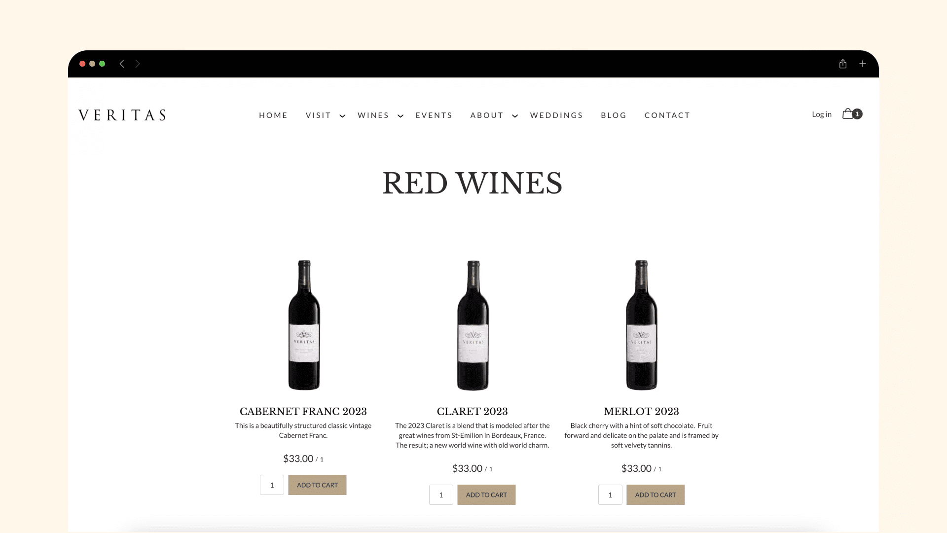 Veritas red wine catalogue with three bottles, product names, prices and shopping actions