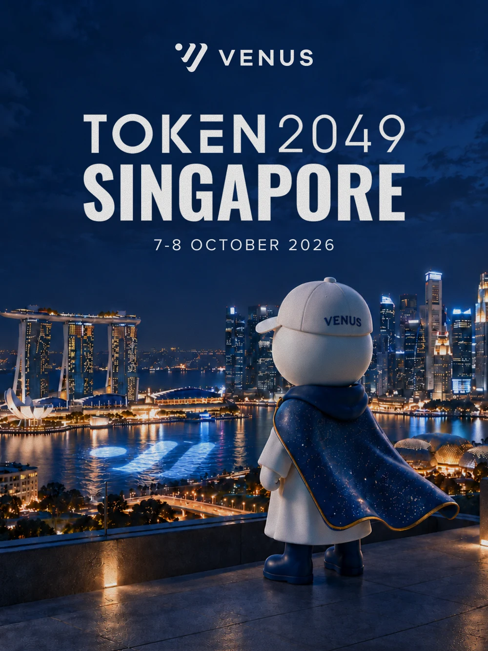 マリーナベイの上にマスコットを配置した Venus TOKEN2049 シンガポールのビジュアル詳細